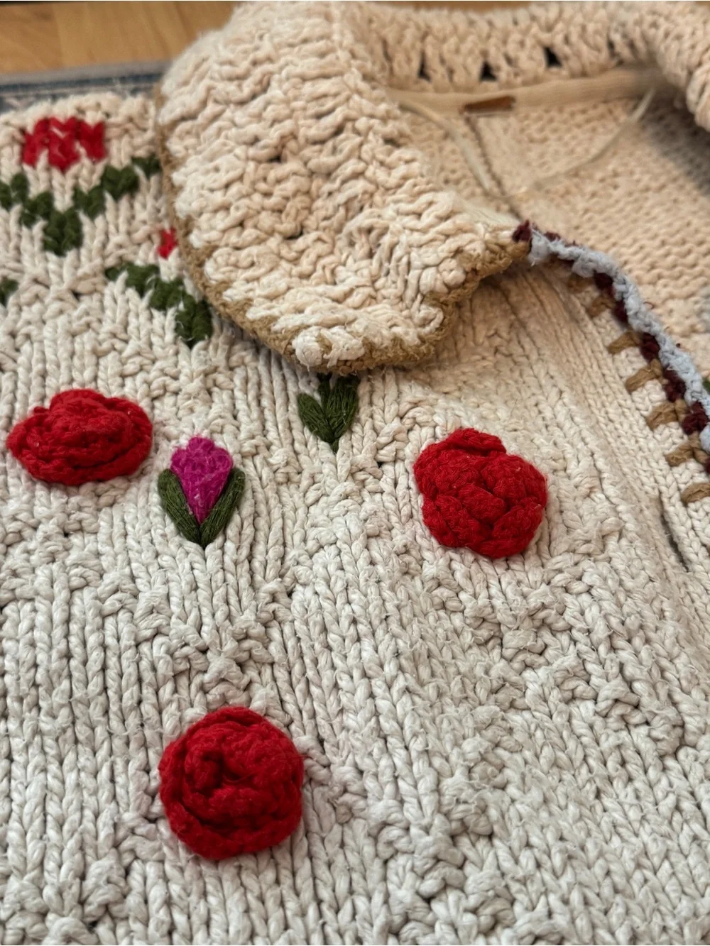 Free People Rosebud Cardi Teddy Jacket with Floral Embroidery